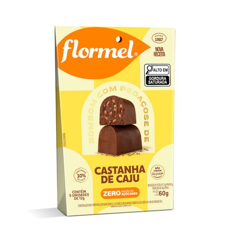 Bombom de Chocolate ao Leite, Recheado com Pedaços de Castanha de Caju, Zero Açúcar - Pouch com 60g.
