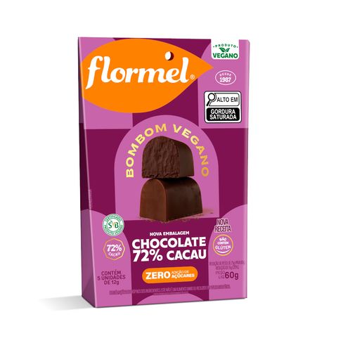 Bombom de Chocolate Amargo, 72% Cacau, Vegano, Zero Açúcar - Pouch com 60g.